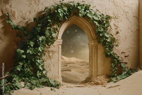 Ancient archway overgrown with ivy reveals a starlit desert landscape under a night sky. photo