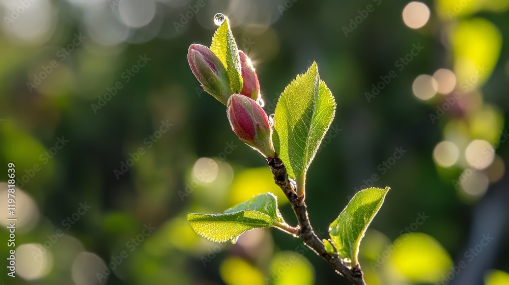 Close-up of budding flower with dew in sunlit garden setting Close-up of budding flower with dew in sunlit garden setting