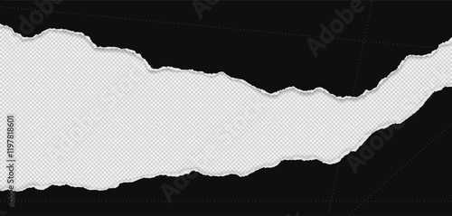 Black piece of paper with torn edges and soft shadow are on white background for text or ad.