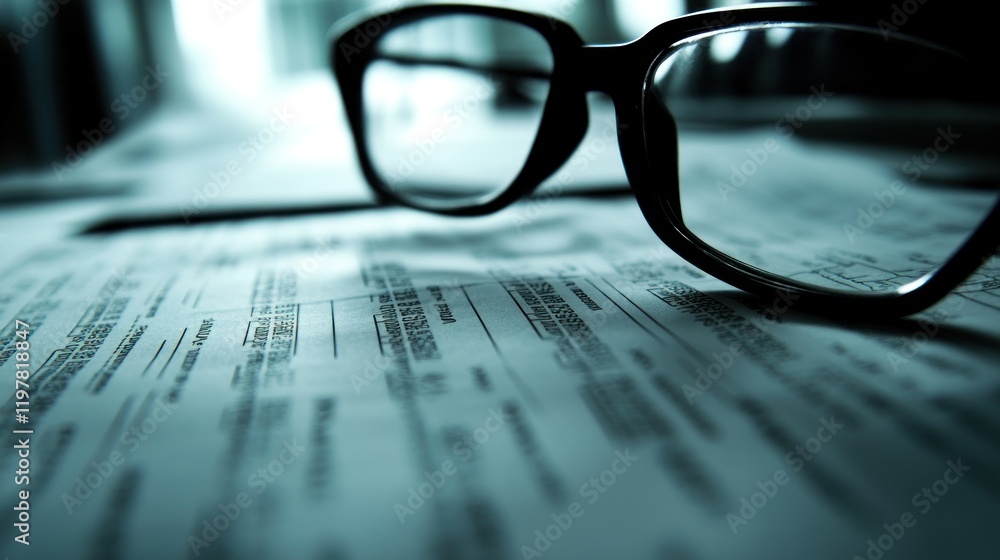 A close-up of eyeglasses resting on paperwork, suggesting a focus on work or study. A close-up of eyeglasses resting on paperwork, suggesting a focus on work or study.