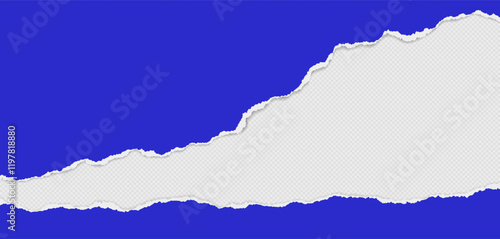 Blue piece of paper with torn edges and soft shadow are on white background for text or ad.