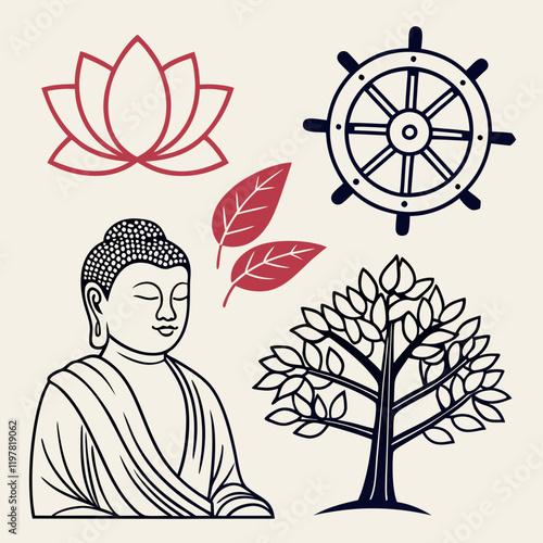 Flat vector of Buddha statues and symbols