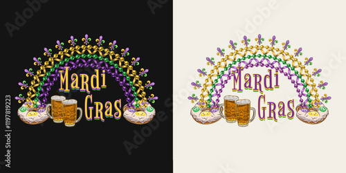 Rainbow made with bead strings, Fleur de Lis sign, king cake, beer glasses, text. Design element for Mardi Gras decoration.