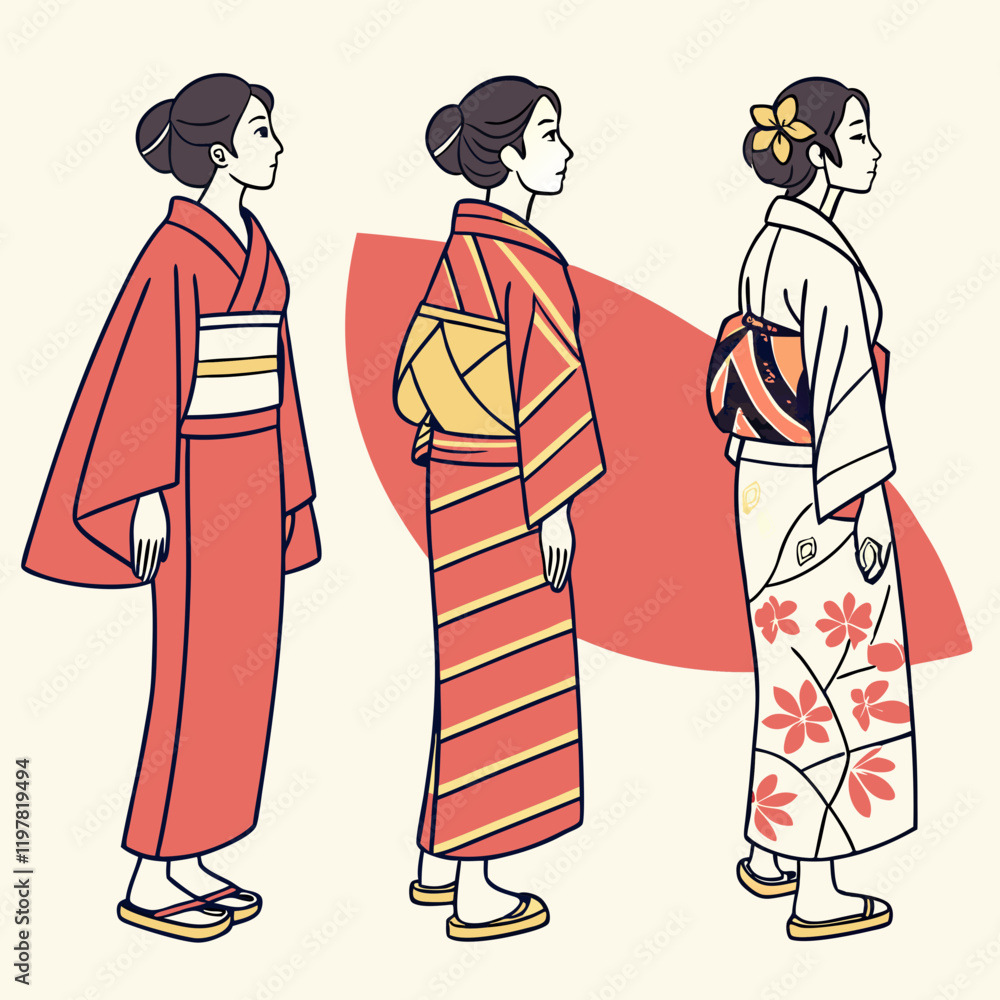 Stylized vector designs of traditional kimonos Stylized vector designs of traditional kimonos