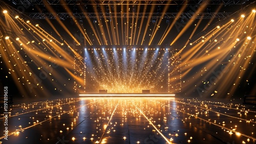 A dazzling stage illuminated by golden rays and sparks creates a captivating background for a stock photo