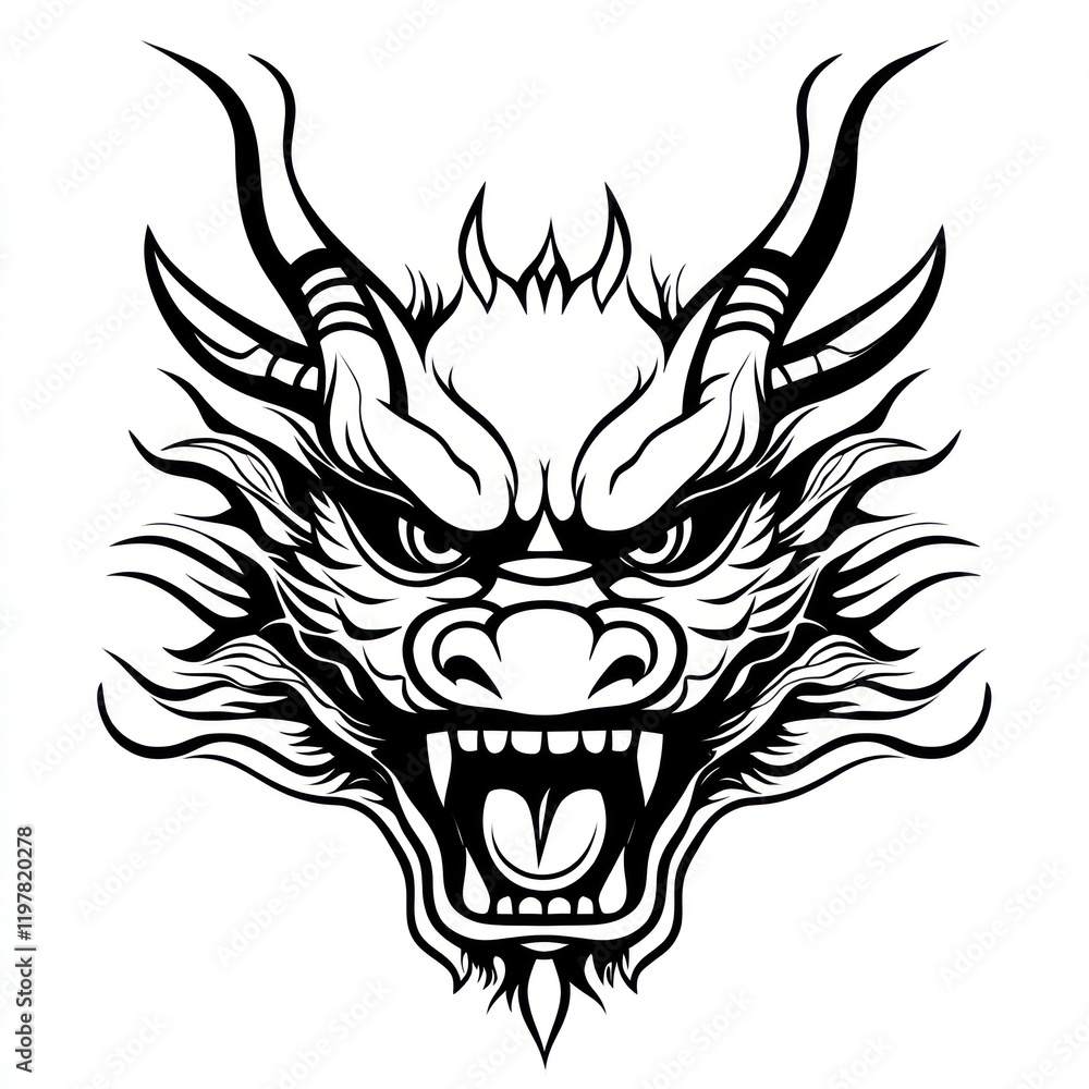 Black and white dragon head graphic for fantasy illustration and mythology Black and white dragon head graphic for fantasy illustration and mythology
