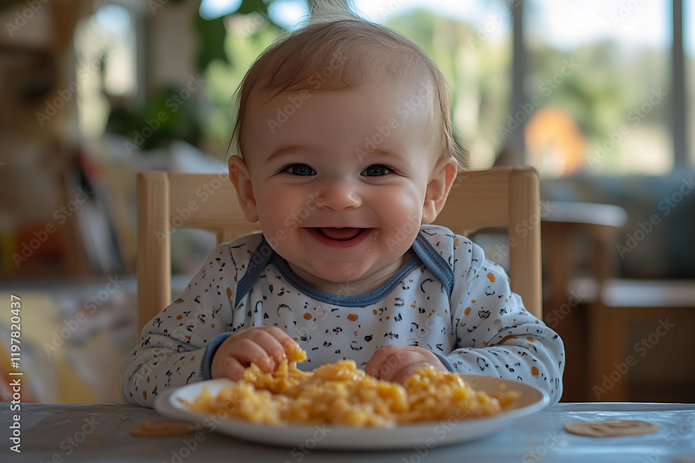 Adorable Baby Eating his her first food in Highchair, Generative AI artwork Adorable Baby Eating his her first food in Highchair, Generative AI artwork