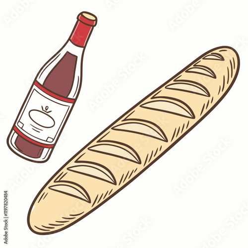 Vector of French baguette and wine bottle