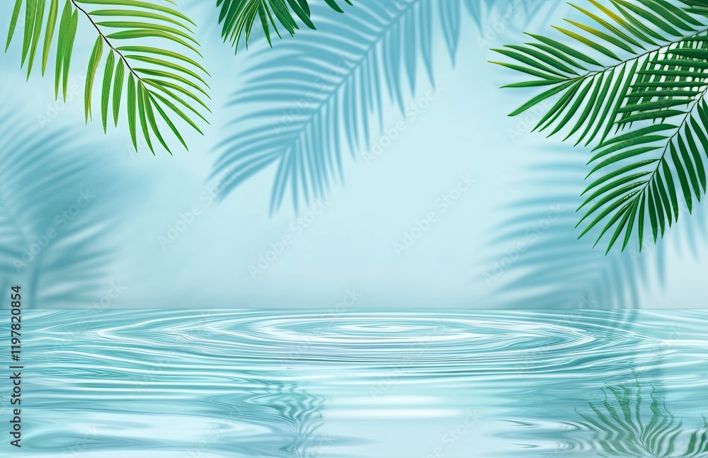 Abstract water background with palm leaf shadow and ripples on a blue wall for product display presentation mock-up Abstract water background with palm leaf shadow and ripples on a blue wall for product display presentation mock-up