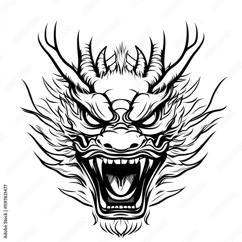 A detailed black and white drawing of an aggressive dragon head with an open mouth, for graphic use A detailed black and white drawing of an aggressive dragon head with an open mouth, for graphic use