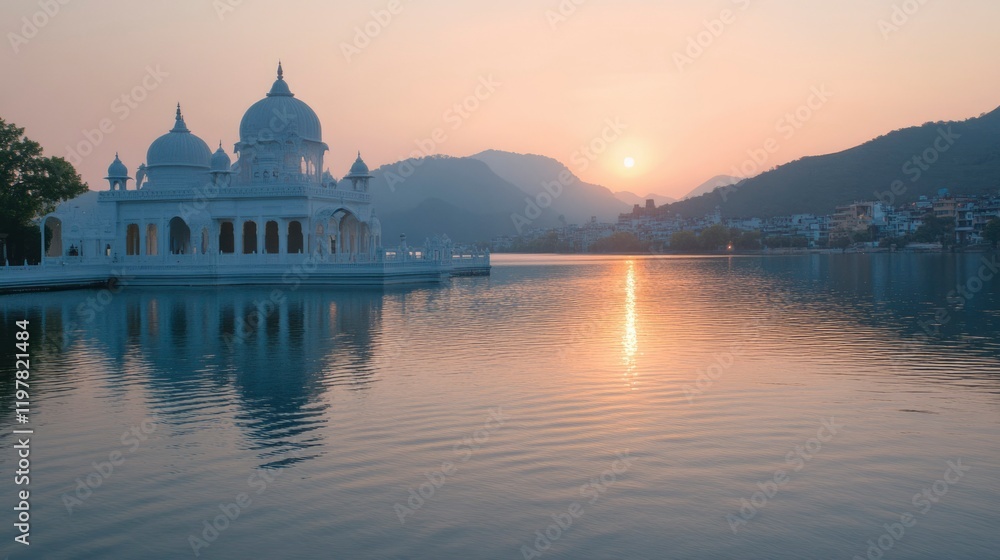 Obraz premium White Marble Structure Reflecting in Calm Lake at Sunrise