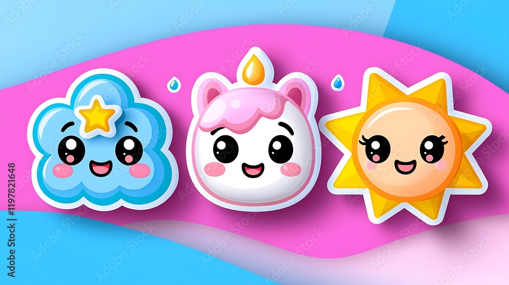 Fototapeta premium Cute Kawaii Cloud, Unicorn, and Sun Characters