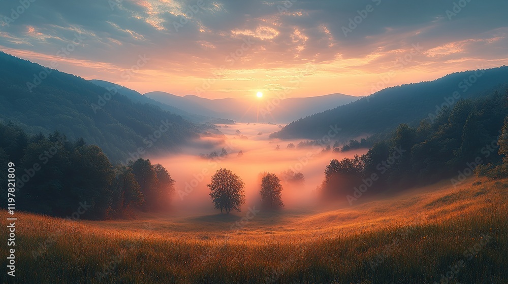 Sunrise over misty mountain valley meadow Sunrise over misty mountain valley meadow