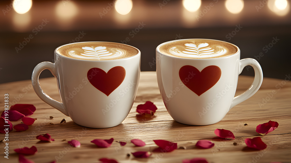 Two mugs of cappuccino with heart designs, adorned with rose petals on a wooden table. A romantic setting with warm lighting in the background. Two mugs of cappuccino with heart designs, adorned with rose petals on a wooden table. A romantic setting with warm lighting in the background.