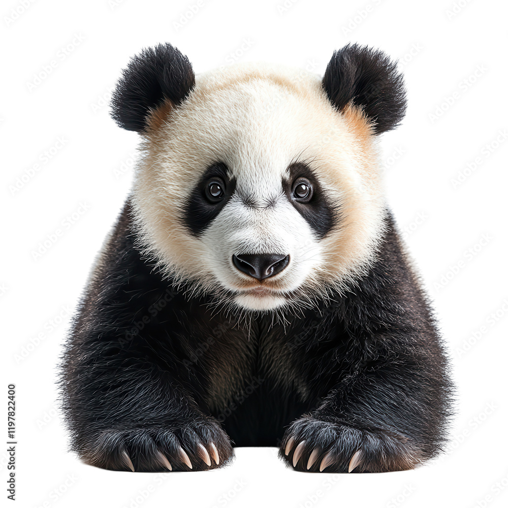Naklejka premium Cute panda sits with curious expression, showcasing black and white fur in a studio setting isolated on transparent background