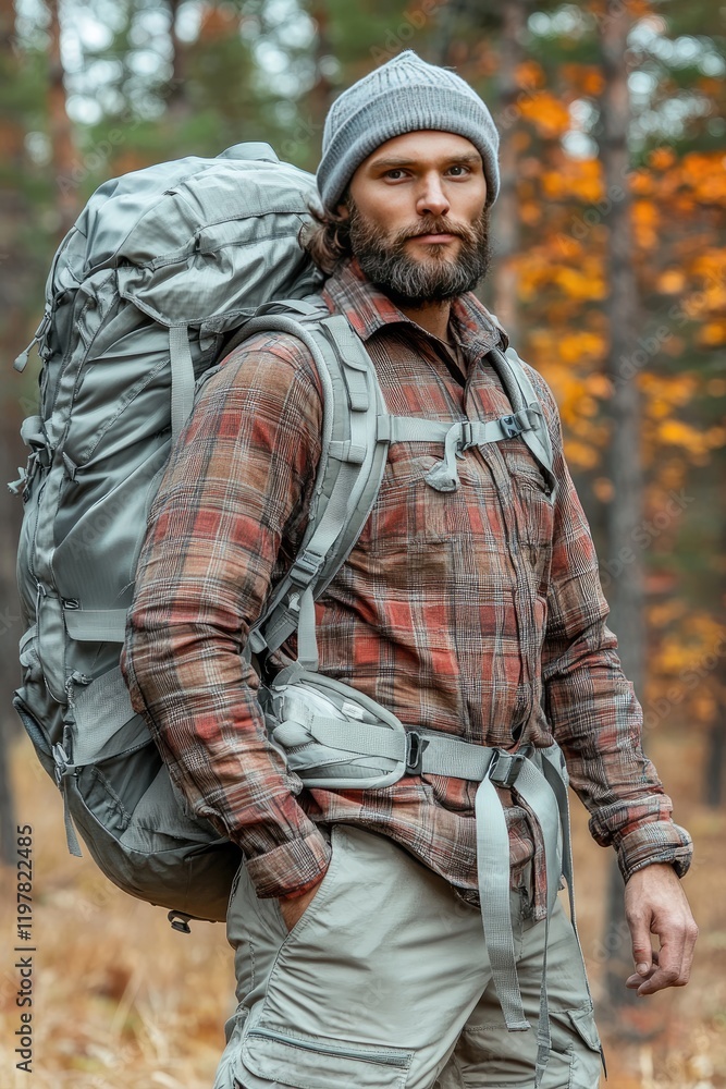 Obraz premium Bearded Hiker in Autumn Forest with Backpack Ready for Adventure