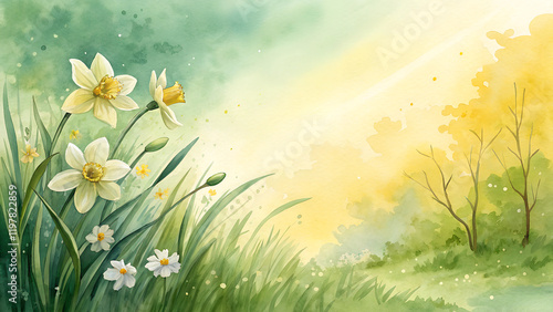 Serene watercolor gradient in spring greens and yellows, Novruz celebration backdrop with copy space