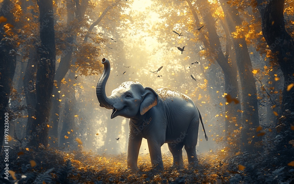 Elephant in autumn forest, sunlit path, leaves falling, magical scene, nature wallpaper