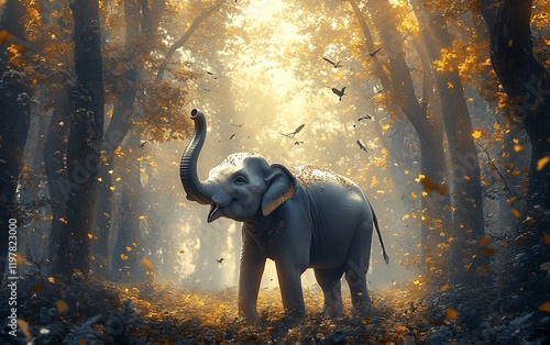 Obraz na płótnie Elephant in autumn forest, sunlit path, leaves falling, magical scene, nature wallpaper w salonie