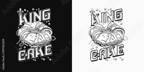 Carnival fun Mardi Gras label with traditional king cake with strings of beads, Fleur de Lis sign, scattered beads, text. Detailed monochrome illustration in vintage style.