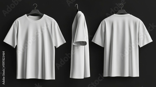Three White T Shirts Hanging On Black Hangers