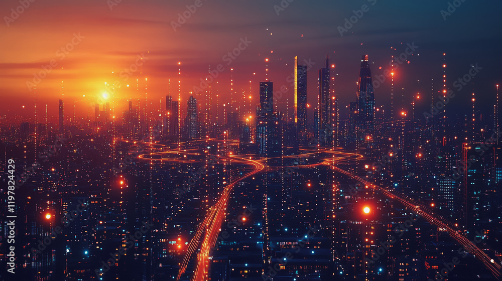 Fototapeta premium Abstract business man stands on the peak of success amid tall, innovative Smart city and graphs with statistics to analyze business potential and predict future developments in company growth.