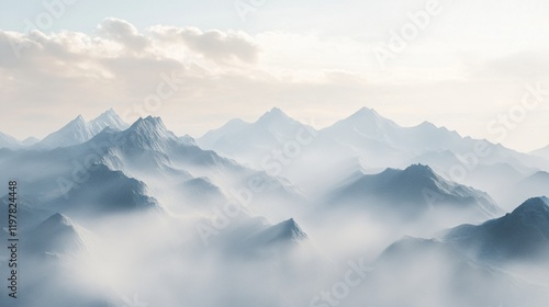 Majestic mountain peaks rise through dense mist, suggesting mystery and exploration, with a skyline that captures the sublime beauty of nature’s contrast. photo