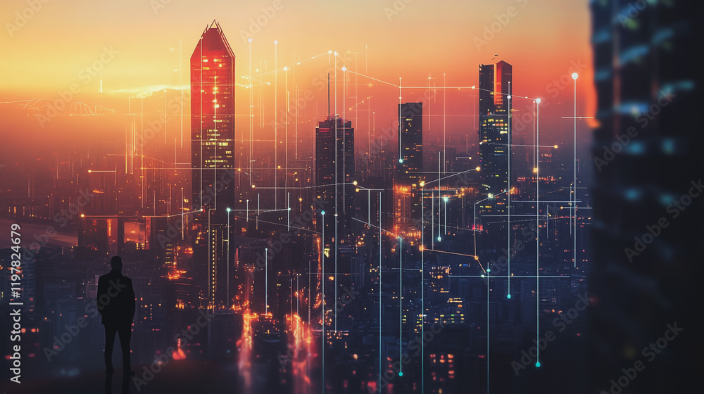 Fototapeta premium Abstract business man stands on the peak of success amid tall, innovative Smart city and graphs with statistics to analyze business potential and predict future developments in company growth.