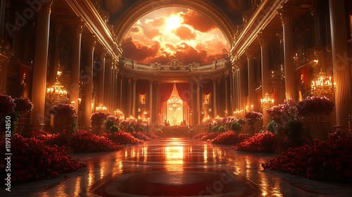 Hallway with Flowers and a Grand Archway


