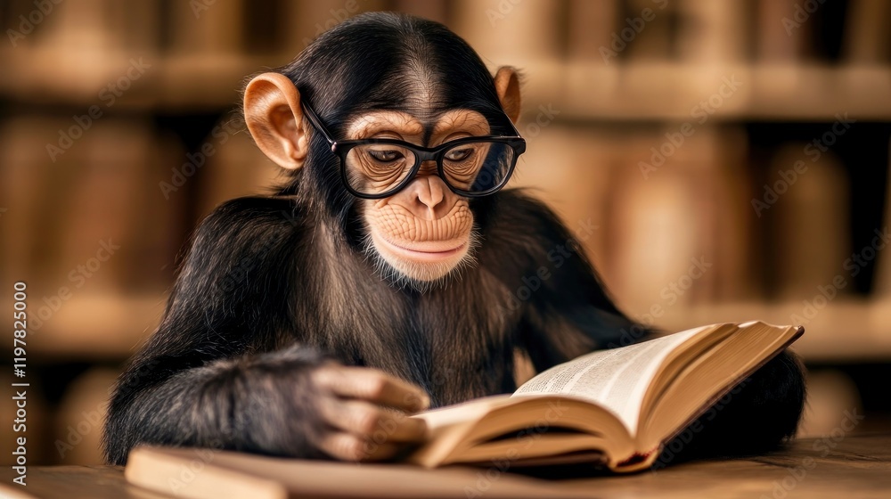 A chimpanzee wearing glasses reads a book in a cozy library setting. A chimpanzee wearing glasses reads a book in a cozy library setting.