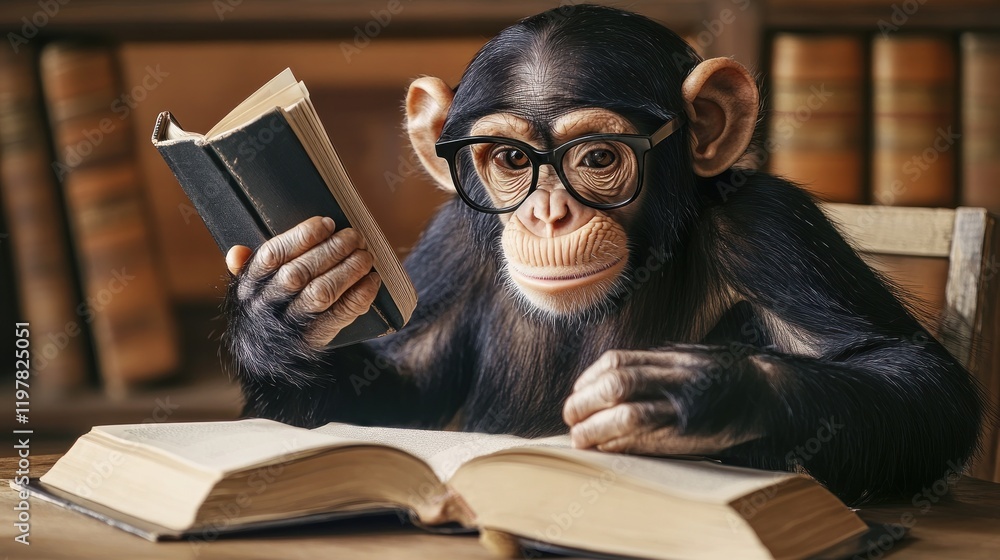 A monkey wearing glasses reads a book in a library setting. A monkey wearing glasses reads a book in a library setting.