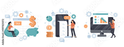 Various Finance Icons. Characters Calculating Long Bill or Invoice Online, Filling Tax From, Analyzing Financial Data. Income Management Concept. Flat Cartoon Vector Illustration.