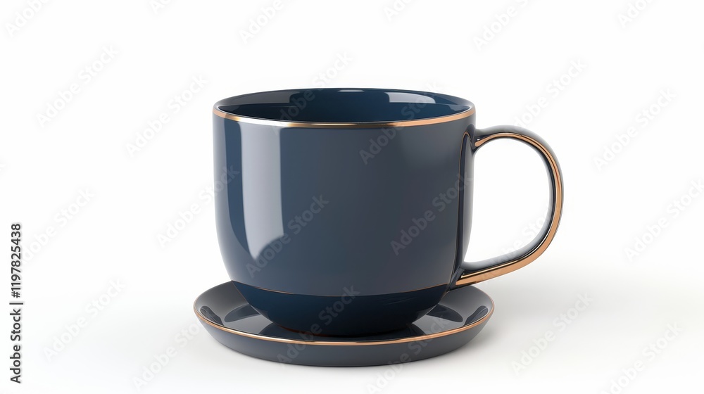 A dark blue ceramic cup with a matching saucer, designed for serving beverages. A dark blue ceramic cup with a matching saucer, designed for serving beverages.