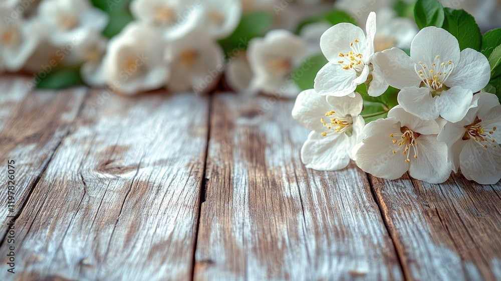 Fototapeta premium Close-up view of delicate white blooms arranged on a vintage wood surface, showcasing rustic charm and natural beauty. Ideal for concepts of tranquility, nature-inspired decor, and romantic themes.