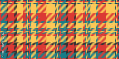 Warmth textile texture vector, equal plaid check tartan. Mix background seamless pattern fabric in amber and red colors.