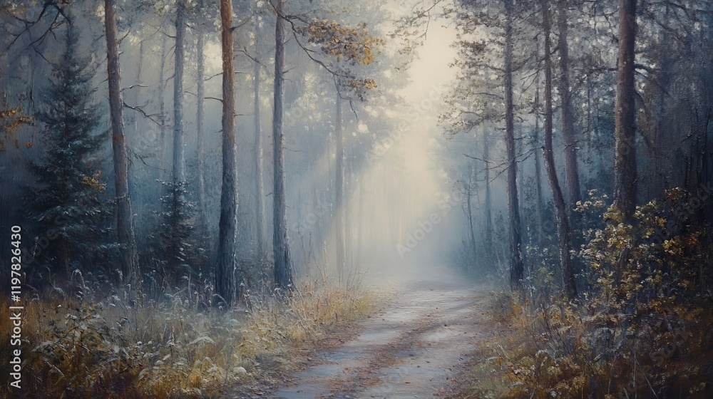 A painting of a forest with a road in the middle. The road is wet and muddy. There are trees on both sides of the road A painting of a forest with a road in the middle. The road is wet and muddy. There are trees on both sides of the road