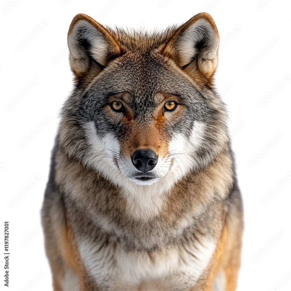 Fototapeta premium Majestic wolf displaying piercing eyes and detailed fur against a plain background isolated on transparent background