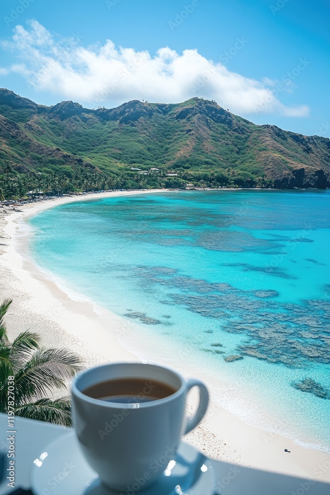 Tropical Paradise: Coffee with a Scenic Ocean View from a Coastal Balcony Tropical Paradise: Coffee with a Scenic Ocean View from a Coastal Balcony