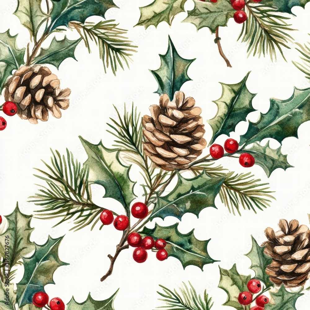 Fototapeta premium Holiday Pine Cones and Holly Leaves Pattern