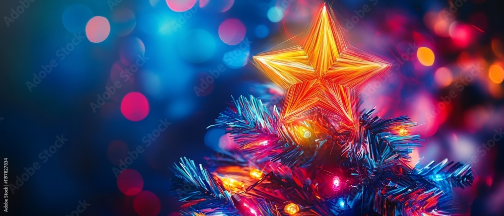 Festive star atop colorful Christmas tree, bokeh lights background; holiday card