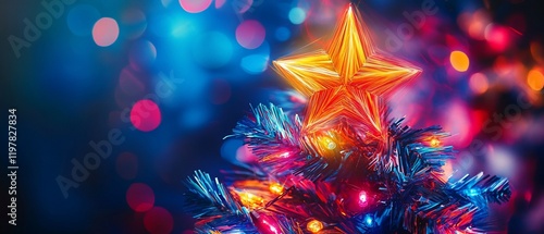Obraz na płótnie Festive star atop colorful Christmas tree, bokeh lights background; holiday card w salonie