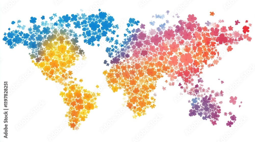 Fototapeta premium Colorful World Map Made of Vibrant Floral Patterns Representing Global Diversity