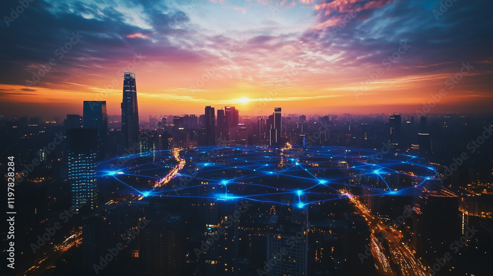 Fototapeta premium Abstract business man stands on the peak of success amid tall, innovative Smart city and graphs with statistics to analyze business potential and predict future developments in company growth.