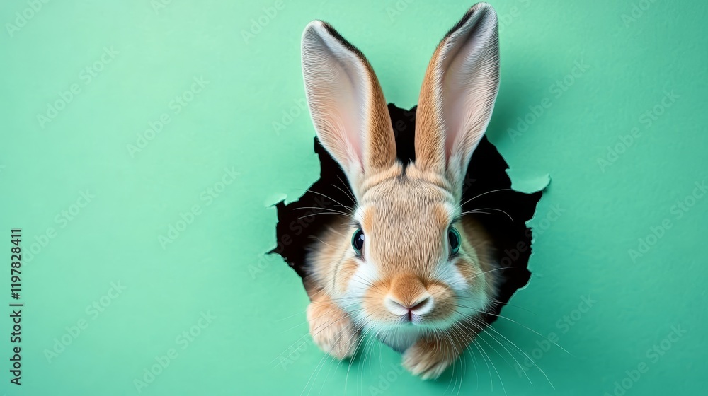 Adorable Bunny Peeking Through a Hole in Pastel Green Background, Happy Easter Concept Adorable Bunny Peeking Through a Hole in Pastel Green Background, Happy Easter Concept