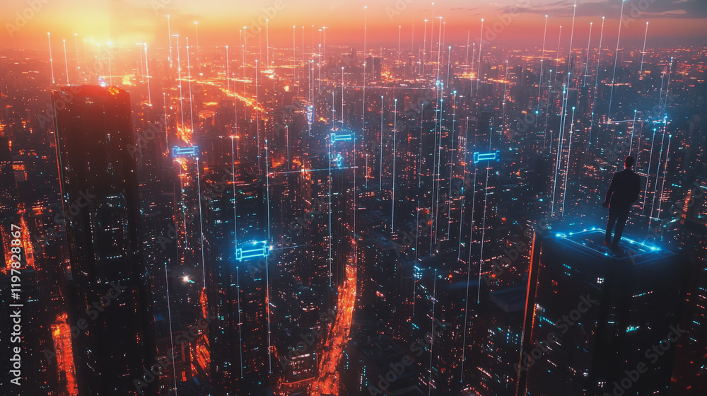 Fototapeta premium Abstract business man stands on the peak of success amid tall, innovative Smart city and graphs with statistics to analyze business potential and predict future developments in company growth.