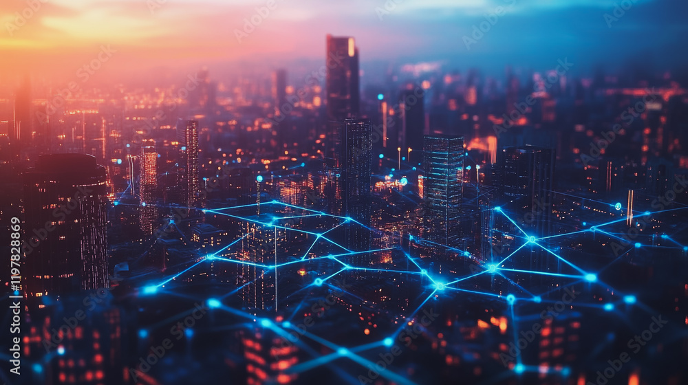 Fototapeta premium Abstract business man stands on the peak of success amid tall, innovative Smart city and graphs with statistics to analyze business potential and predict future developments in company growth.