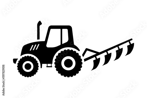 Tractor with plow icon. Black silhouette. Side view. Vector simple flat graphic illustration. Isolated object on white background. Isolate.