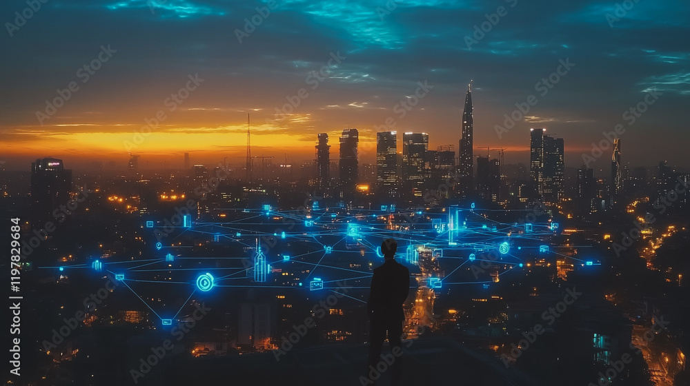 Abstract business man stands on the peak of success amid tall, innovative Smart city and graphs with statistics to analyze business potential and predict future developments in company growth. Abstract business man stands on the peak of success amid tall, innovative Smart city and graphs with statistics to analyze business potential and predict future developments in company growth.