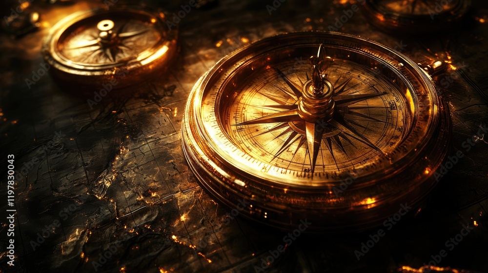 Antique Gold Compass on Rustic Background Illuminated by Warm Light Antique Gold Compass on Rustic Background Illuminated by Warm Light