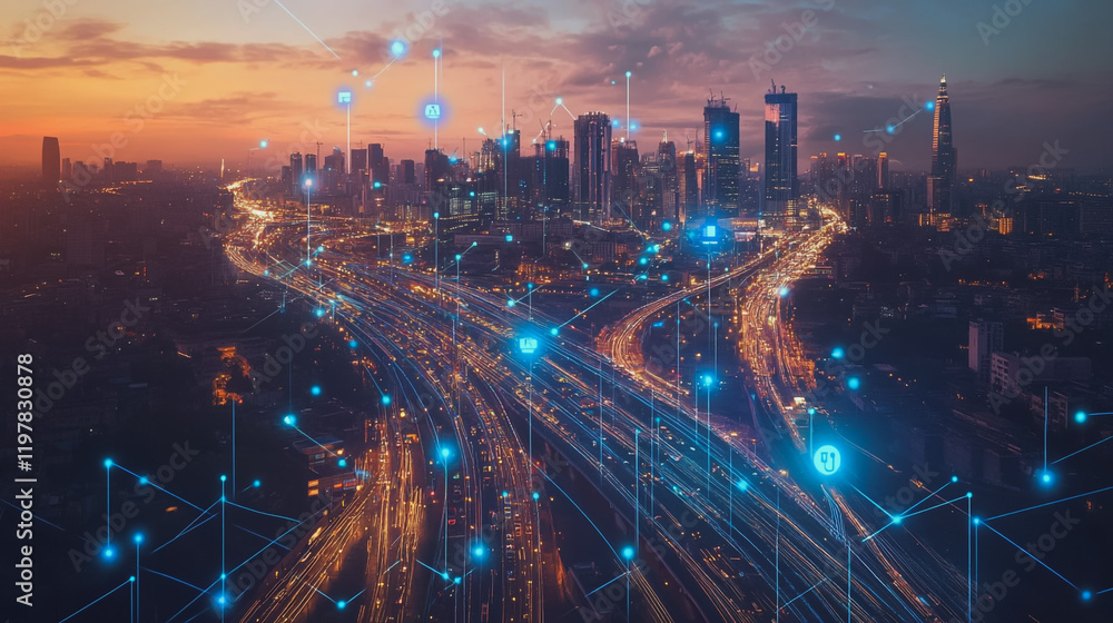 Fototapeta premium Abstract business man stands on the peak of success amid tall, innovative Smart city and graphs with statistics to analyze business potential and predict future developments in company growth.